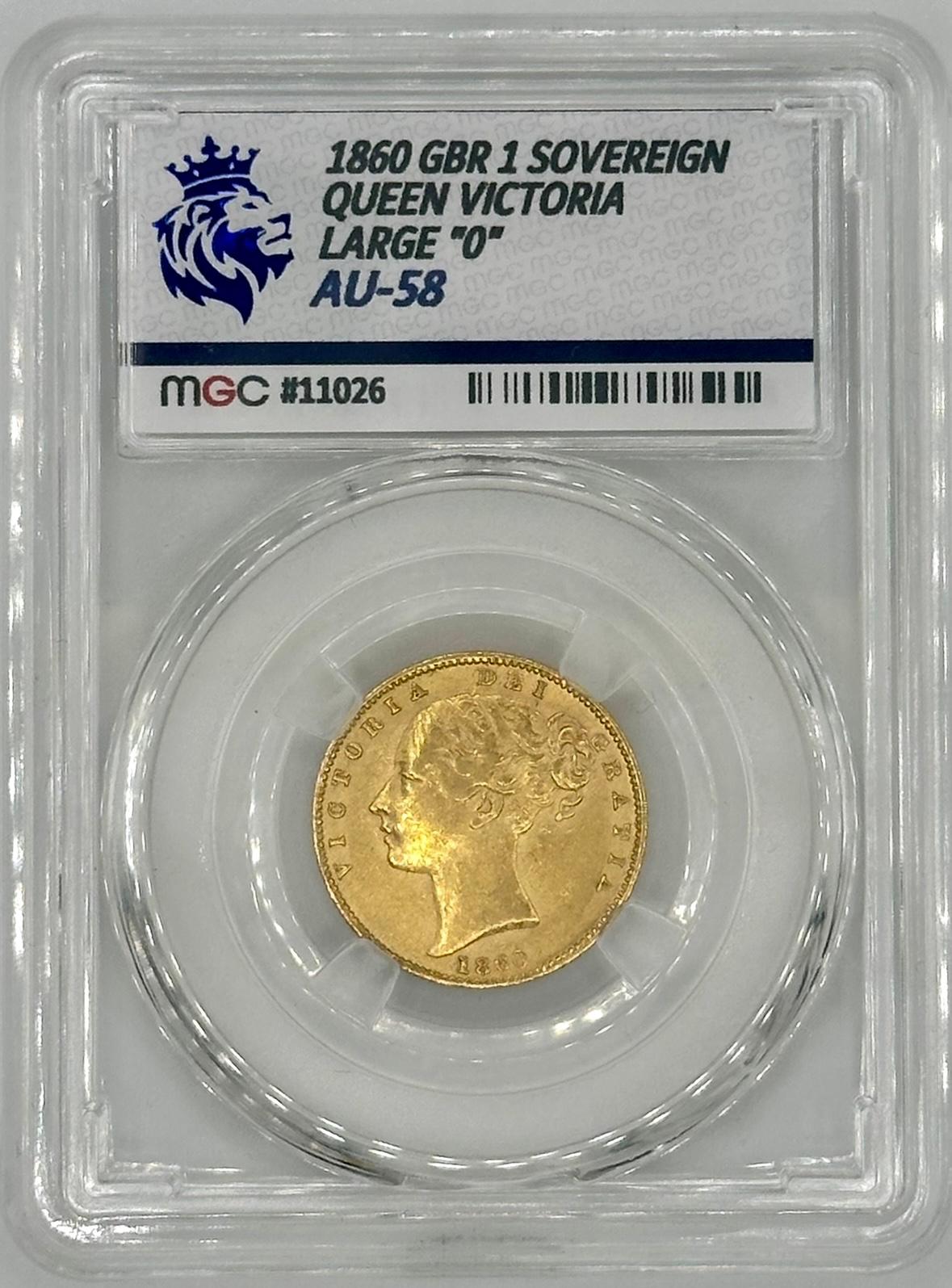 1860 Great Britain 1 Sovereign Gold Coin – Queen Victoria “Large 0” – MGC Graded AU-58