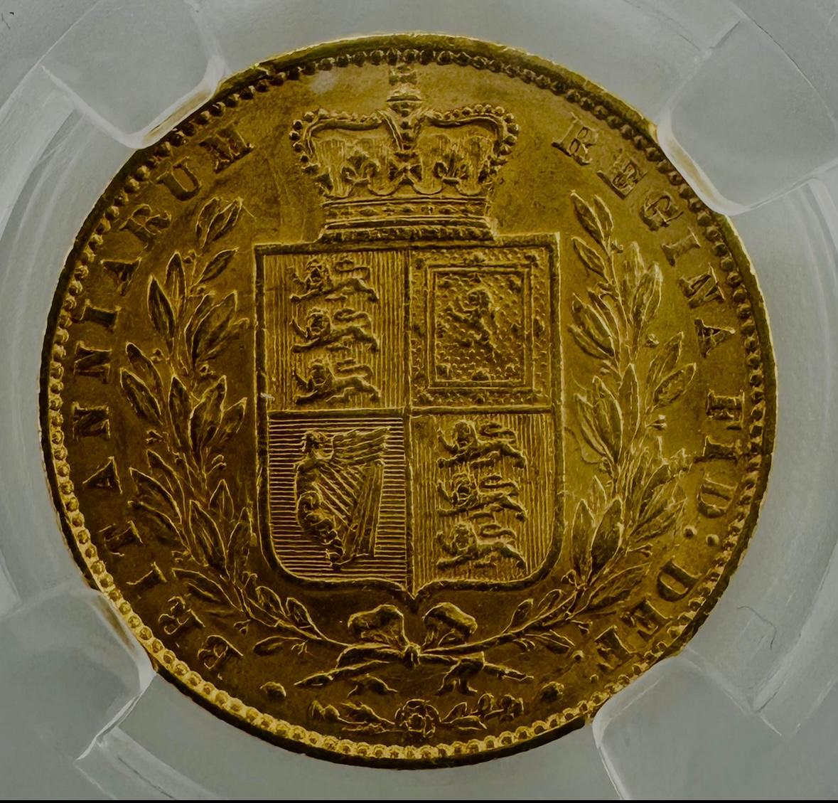 1860 Great Britain 1 Sovereign Gold Coin – Queen Victoria “Large 0” – MGC Graded AU-58