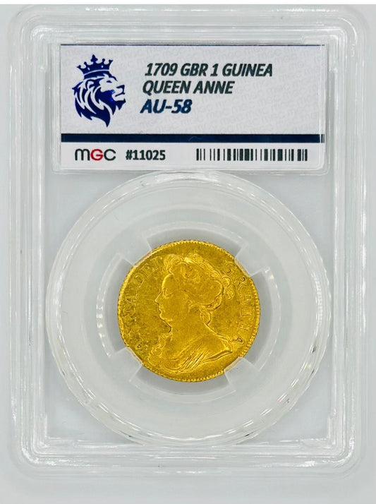 1709 Great Britain 1 Guinea Gold Coin – Queen Anne – MGC Graded AU-58