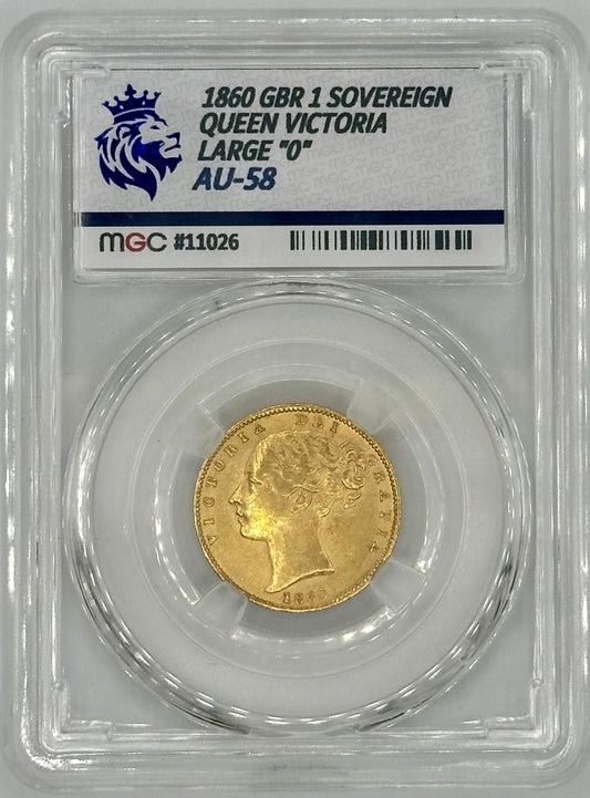 1860 Great Britain 1 Sovereign Gold Coin – Queen Victoria “Large 0” – MGC Graded AU-58